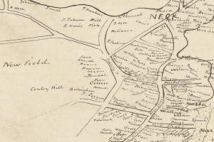 Ein detaillierter alter Stadtplan von Neu-Feld mit Straßen, Gebäuden, Landmarken und kursiver Schrift, umgeben von einem schmalen schwarzen Rand.