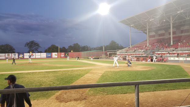 Baseballspiel im Gange mit Zuschauern in der Stadiontribüne, Geländer im Vordergrund, Trees und Stadioninfrastruktur gegen einen klaren blauen Himmel.
