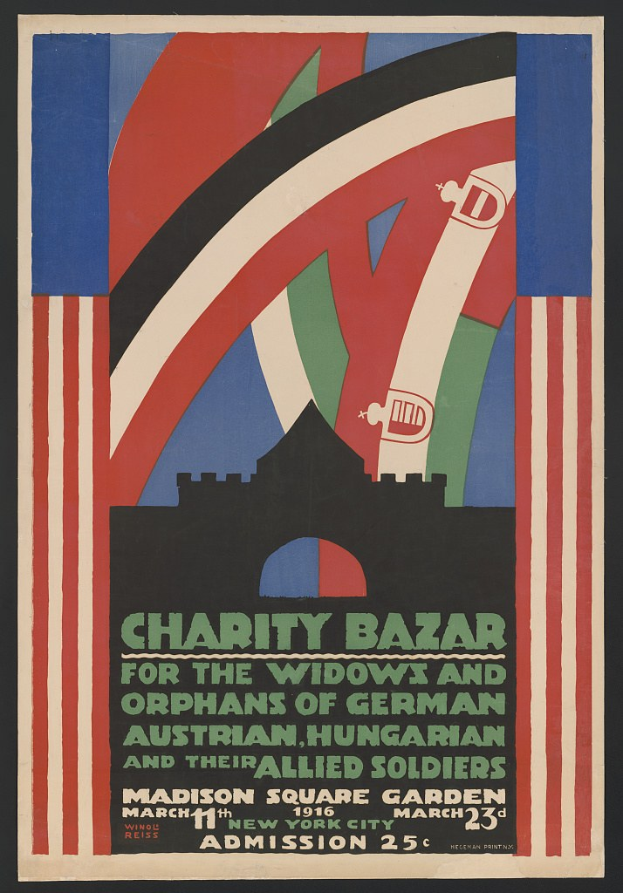 Plakat für eine Wohltätigkeitsbasar zugunsten der Witwen und Waisen deutscher, australischer, ungarischer und alliierter Soldaten mit Ereignisinformationen im Text.
