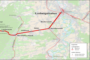 Eine Karte von Ludwigshafen, Deutschland, mit einer roten Linie, die die Zugstrecke anzeigt, und Text, der Details zum Zug_length, distance und Sehenswürdigkeiten bereitstellt.
