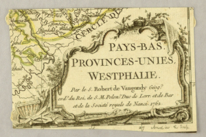 Ein detailliertes altes Kartenblatt der Provinzen Westphalens auf vergilbtem Papier mit begleitendem Text, der die Region und ihre Merkmale beschreibt.