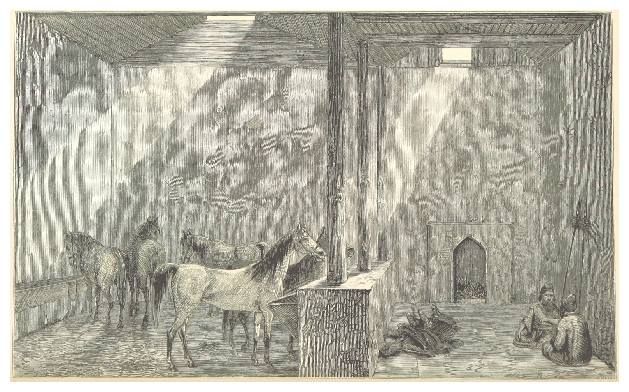 Eine Zeichnung eines Raums mit zwei Pferden, zwei sitzenden Personen auf dem Boden, verstreuten Gegenständen und Text am unteren Rand.