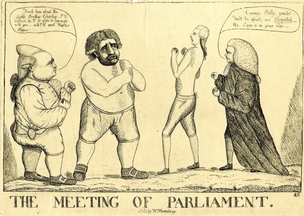 Ein Bleistiftzeichnen mit dem Titel "Die Parlamentssitzung" zeigt drei Personen, die stehen und diskutieren, wobei eine Person lebhaft gestikuliert.