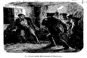 Eine Schwarz-Weiß-Illustration eines Mannes in Anzug und Hut, der von einem Polizeibeamten eskortiert wird, mit einer Wand und einer Tür im Hintergrund. Unten auf dem Bild steht der Text "Un crime avait été commis à nantes".