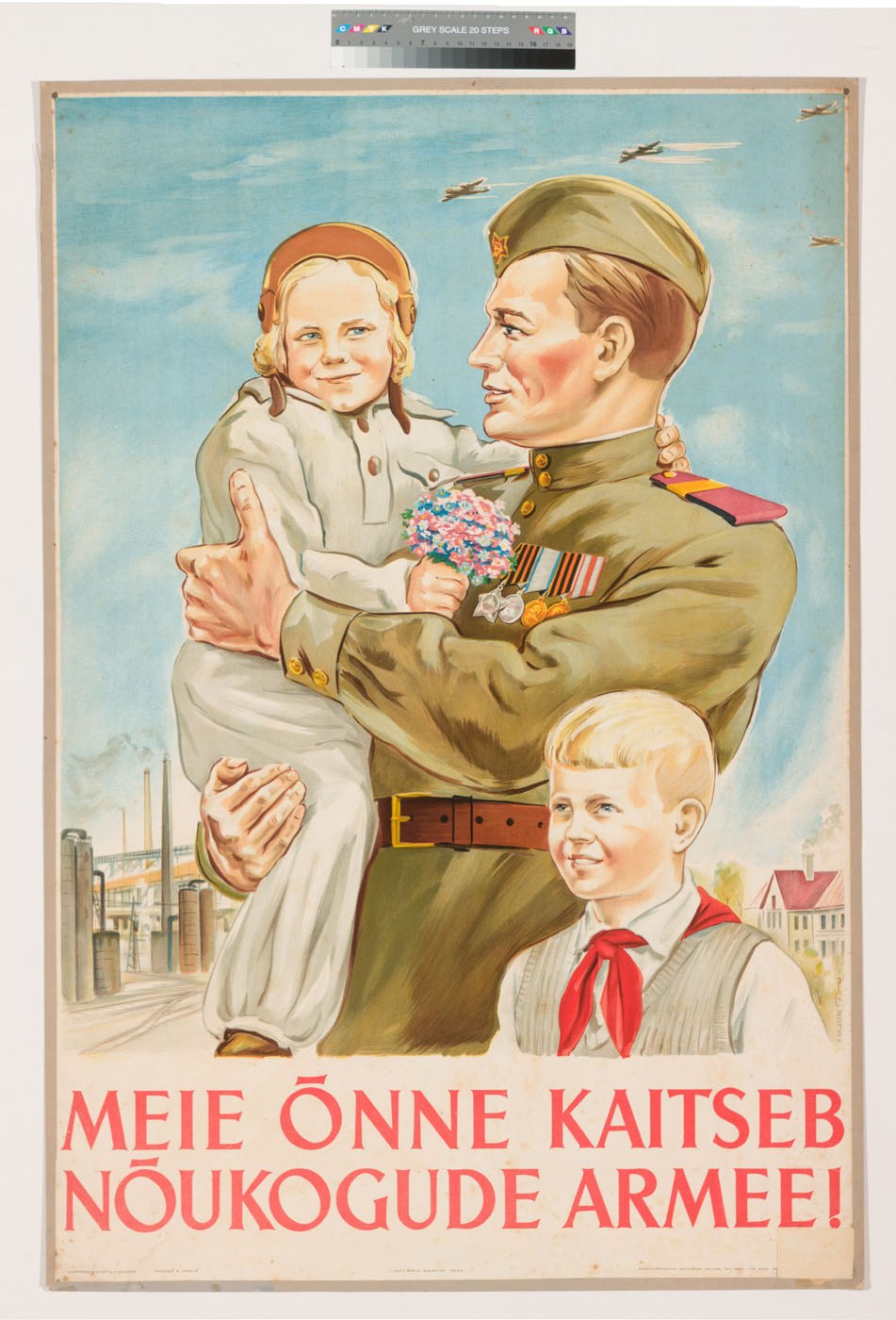 Ein polnischer Weltkriegspropagandaplakat, das einen Mann zeigt, der ein Kind hält und von zwei weiteren Kindern umgeben ist, begleitet von Text.