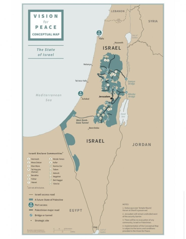 Plakat mit der Aufschrift "Vision für Frieden-Konzeptkarte" mit einer farbcodierten Karte Israels und fetter schwarzer Schrift.