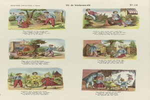 Ein aufgeschlagenes Buch mit Illustrationen von Kindern, die im Park spielen, umgeben von Bäumen, Gebäuden und einem Wagen, mit begleitendem Text.