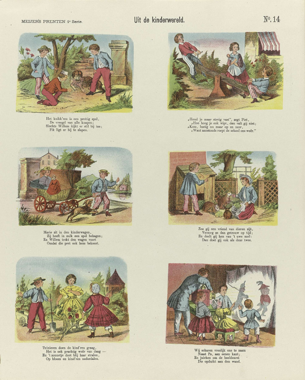 Ein aufgeschlagenes Buch mit Illustrationen von Kindern, die im Park spielen, umgeben von Bäumen, Gebäuden und einem Wagen, mit begleitendem Text.