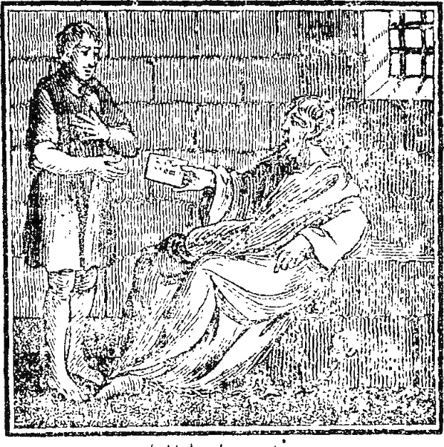 Schwarze und weiße Zeichnung eines Mannes und einer Frau auf einer Bank mit einer Wand und einem Fenster im Hintergrund, mit dem Text 'Das Buch Mormon' unten.