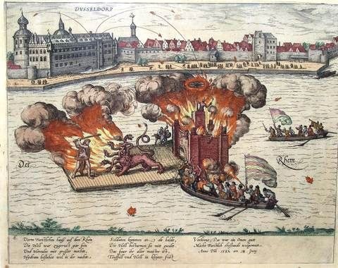 Gemälde, das die Belagerung von Dresden 1685 zeigt, mit einem Feuer auf dem Wasser und einem Boot voller Menschen, umgeben von Gebäuden, Bäumen und einem Himmel, mit dem Titeltext unten.