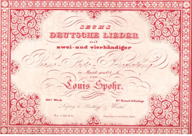Altes deutsches Wertpapierzertifikat mit der Aufschrift "Louis Spohr - Zweites Deutsches Lieder" mit rotem Rand und weißem Hintergrund.
