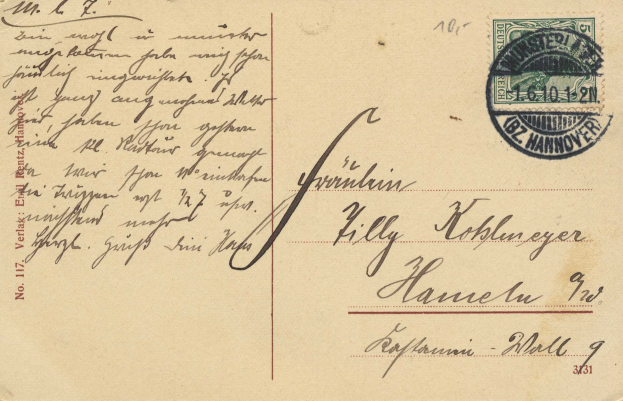 Alte Postkarte mit einer Briefmarke, die "Hannover, Deutschland - Brief an Hannover - 1d/1d" lautet und handgeschriebener Text, oben rechts frankiert.