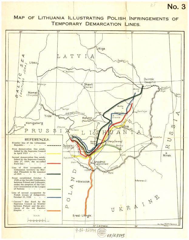 Detailkarte von Litauen mit markierten polnischen Verstößen gegen die temporäre Demarkationslinien, einschließlich Städten, Dörfern und geografischen Merkmalen.