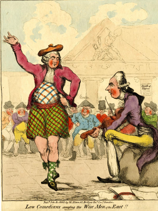 Zeichnung eines Mannes in einem Kilt und einer Frau in einem Kleid, die vor einem Publikum auf einer Bühne stehen, mit dem Titel 'Niedrige Komiker amüsieren die weisen Männer des Ostens' unten.