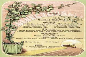 Ein Zug auf den Schienen mit einem Topf mit Früchten auf der linken Seite und dem Text "Mersey Railway Co. Ltd."
