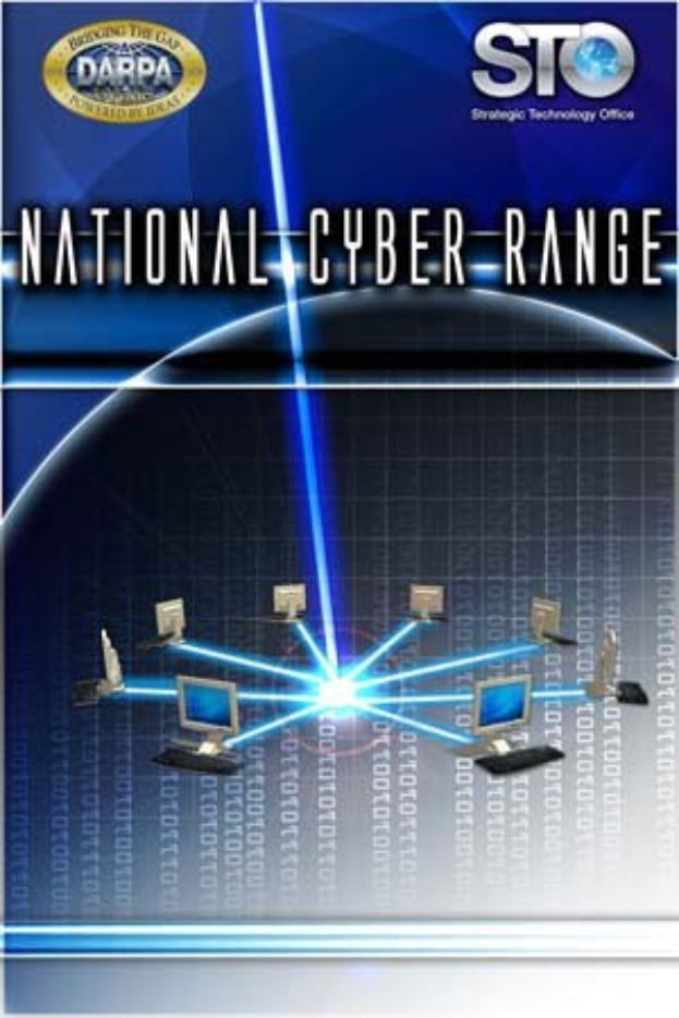 Plakat mit "Nationales Cyber-Range" in fetter weißer Schrift auf blauem Hintergrund, das eine Weltkugel mit mehreren daran angeschlossenen Computern zeigt.