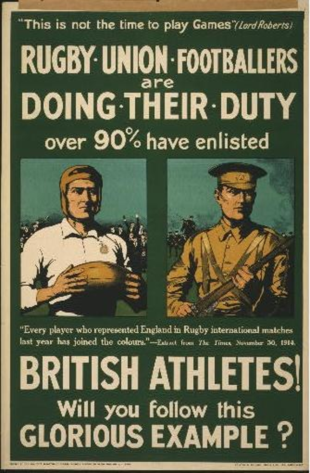 Britisches Armee-Recruiting-Plakat mit zwei Rugby-Union-Spielern in Uniform, mit Text zur Förderung der Spielerwerbung.