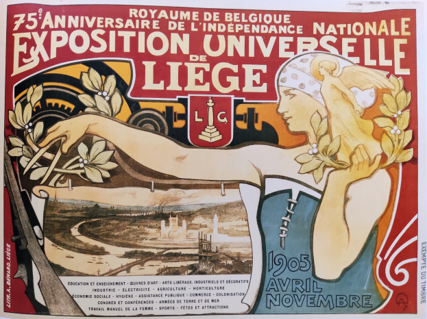Plakat zum 75-jährigen Jubiläum der Nationalen Universitären Exposition de Liège, das eine Frau mit Blumenstraßus und Text zeigt.