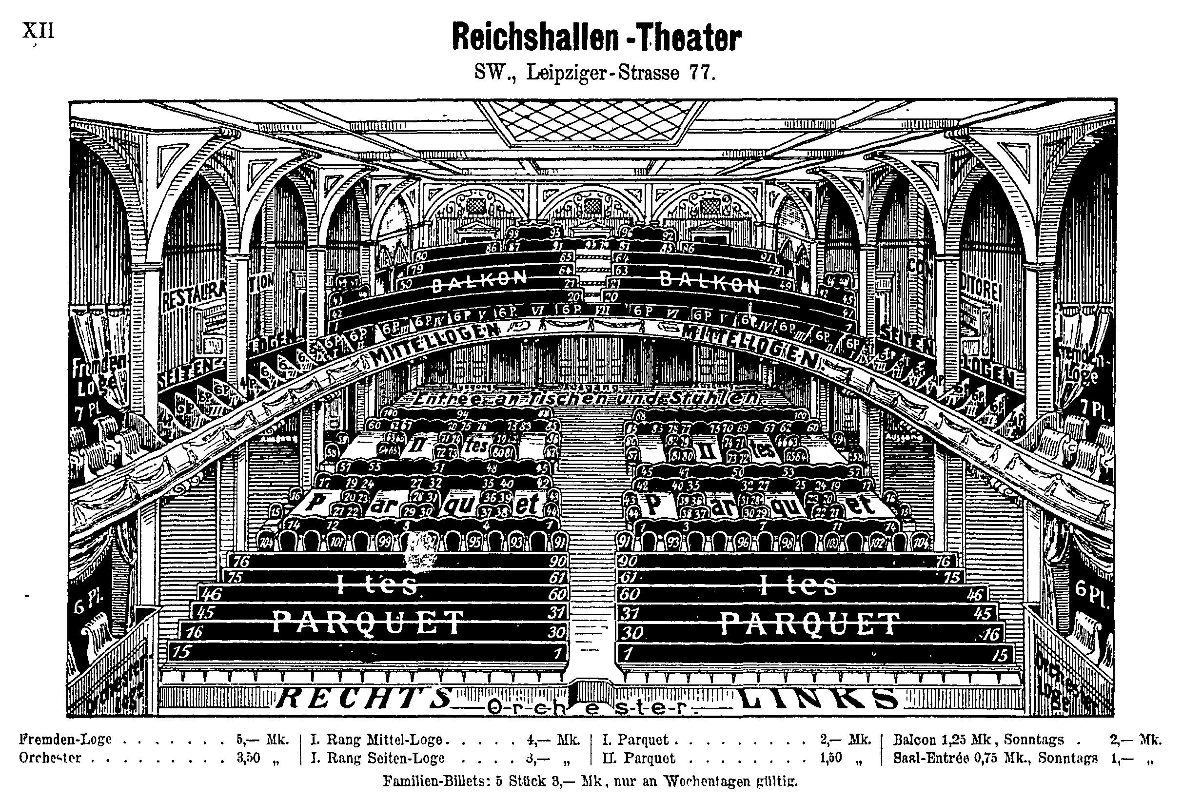 Schwarz-weiß-Illustration des Reichshallen Theaters in Berlin, zeigt das Auditorium mit Text oben und unten.