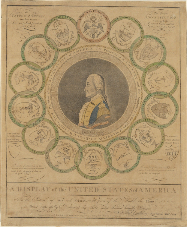 Ein Blatt mit einem Porträt von George Washington in der Mitte, umgeben von einer kreisförmigen Anordnung von US-Münzen mit verschiedenen Designs, mit begleitendem Text.