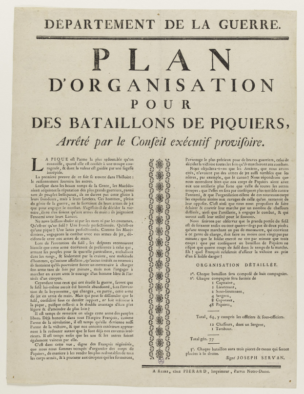 Dokument mit dem Titel "Plan d'Organisation pour des Bataillons de Piquiers, Arreté par le Conseil Executif Provifoire", das die Organisation für die Schlacht von Piquiers beschreibt.