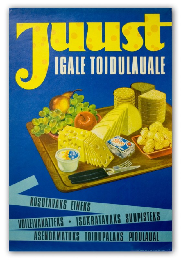 Ein Plakat mit verschiedenen Lebensmitteln wie Obst, einem Messer, einer Schüssel und anderen Einkäufen sowie begleitendem Text.