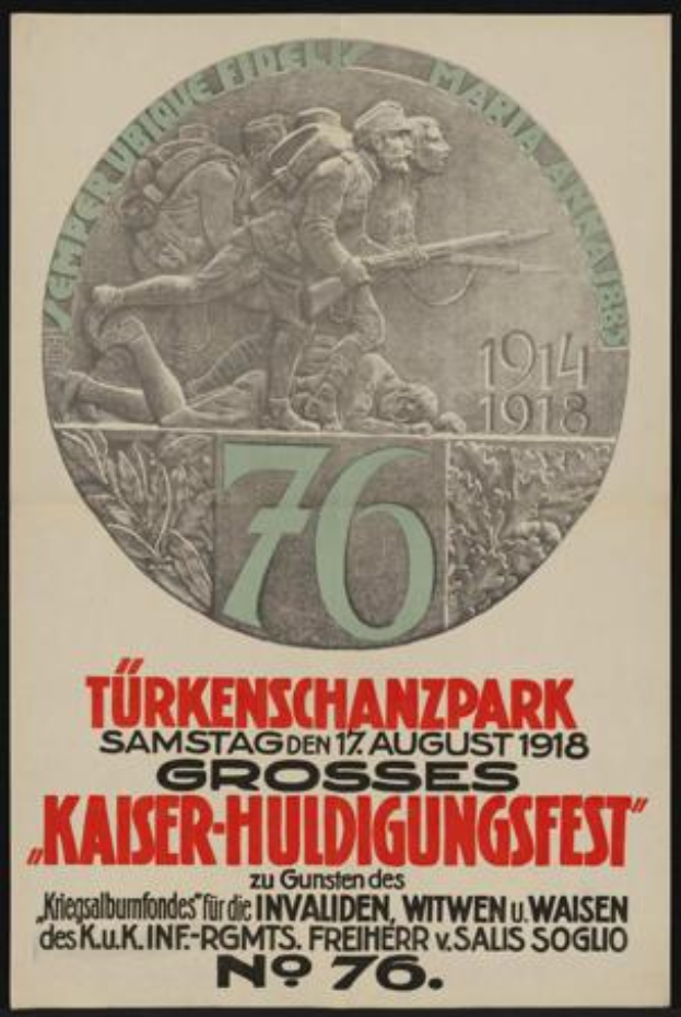 Ein gerahmtes Poster zum 70. Jubiläum des Kaiser-Huldigungsfestes in Berlin, Deutschland, mit einer Gruppe von Menschen in der Mitte, umgeben von Text und Zahlen.