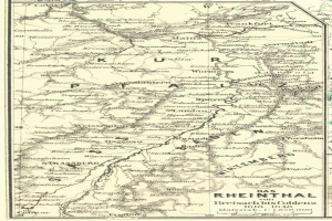 Ein detailliertes altes Kartenbild des Rheins in Deutschland, das Flüsse, Städte und Gewässer zeigt.